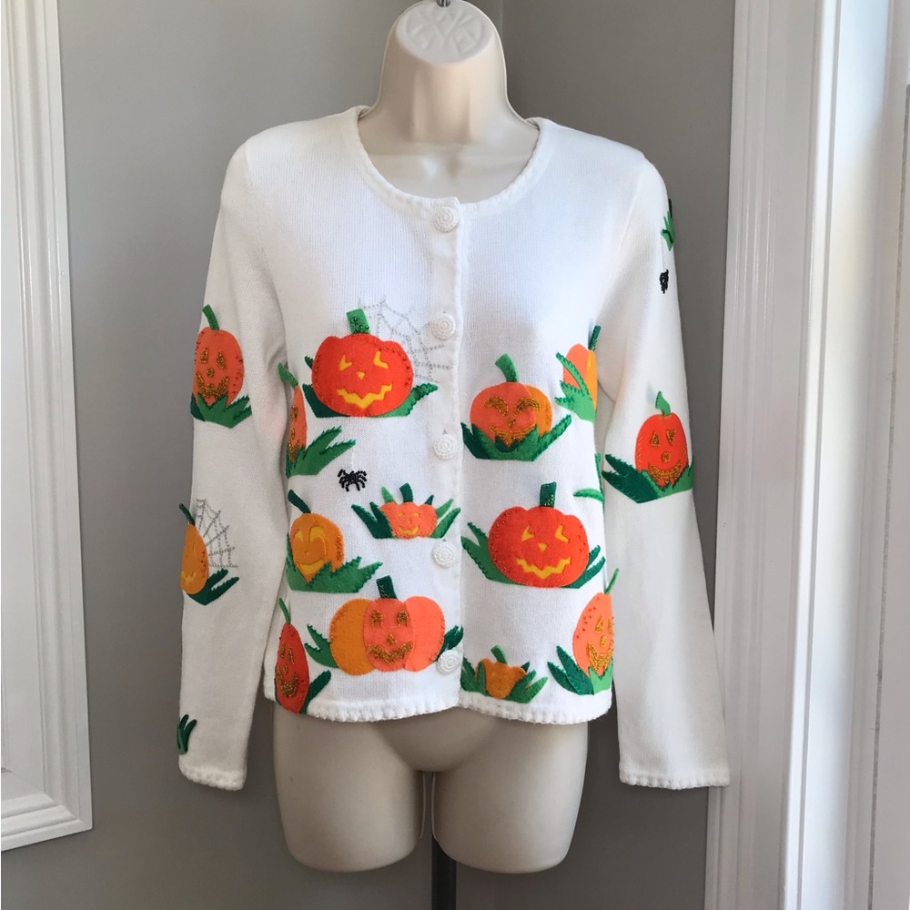 Vintage Michael Simon Halloween Fall Pumpkins Cardigan Sweater ~ Women’s Small